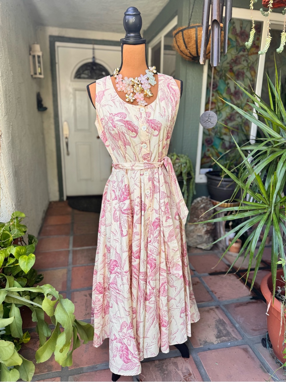 J. Peterman Cream and Pink Botanical Button-Front Maxi Dress